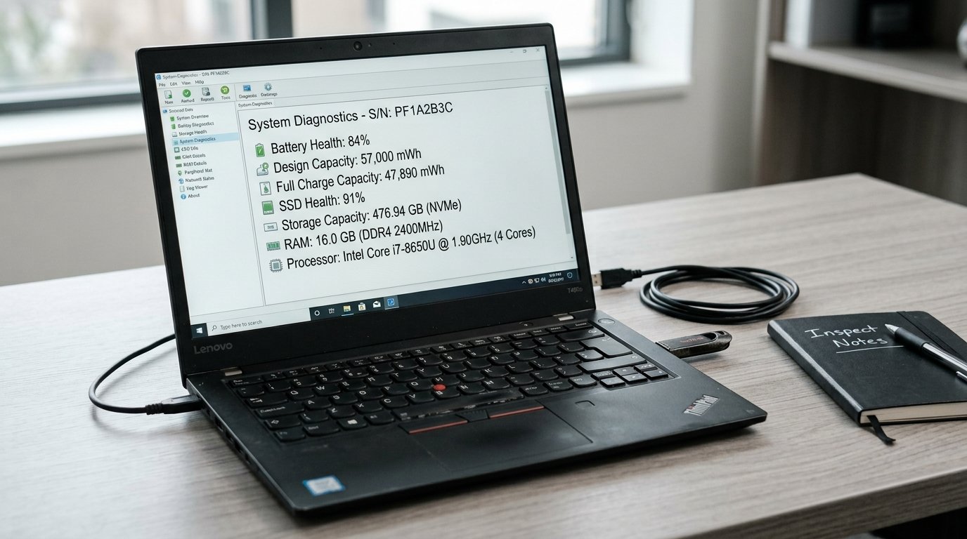 Laptop diagnostic software showing battery SSD RAM and processor information