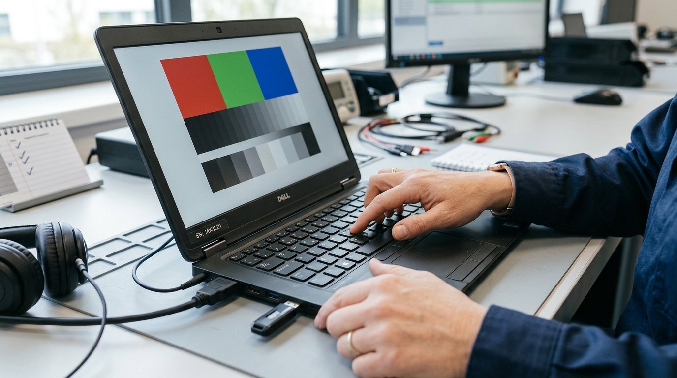 Technician testing a used business laptop display keyboard and ports