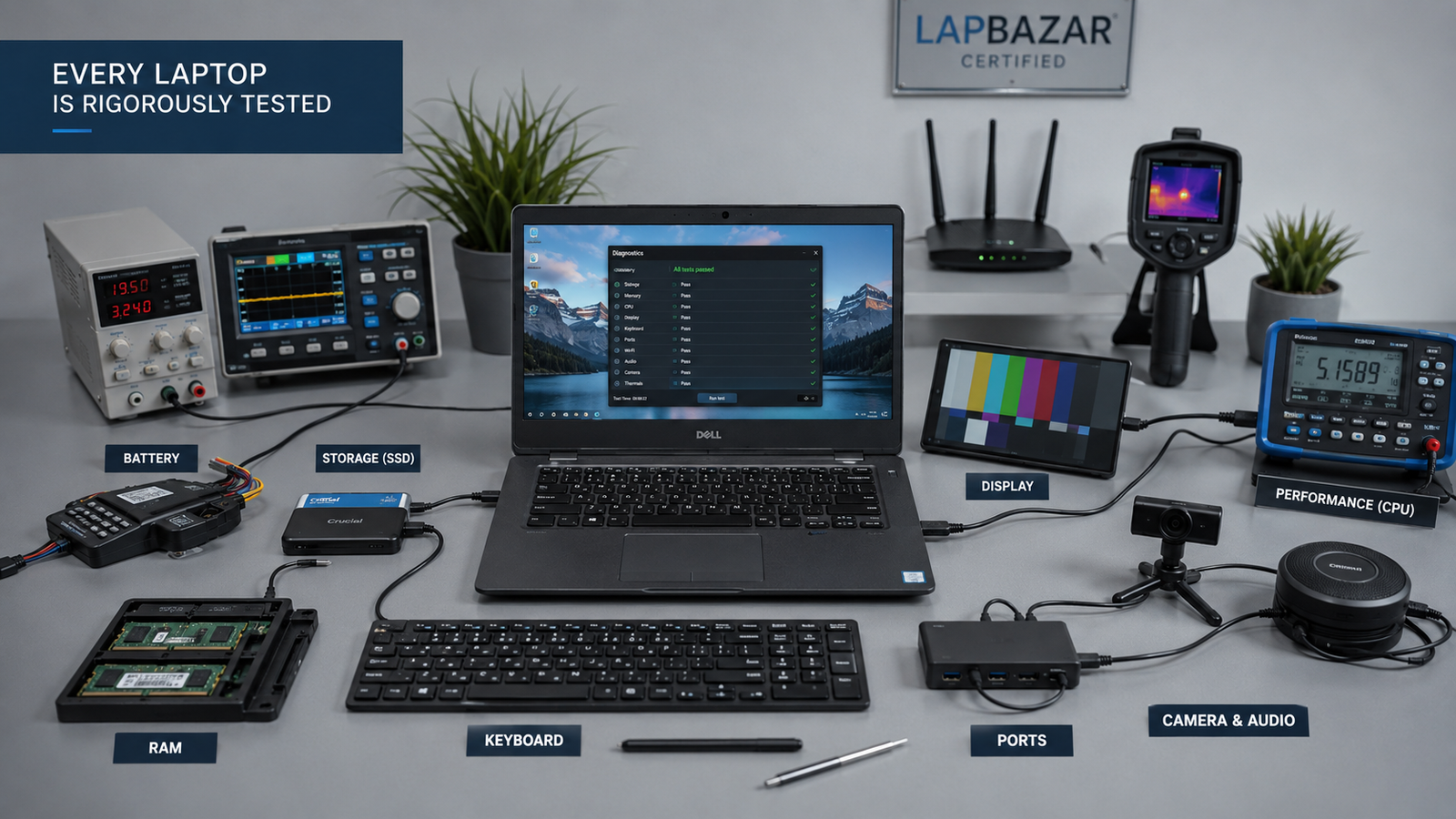 LapBazar Certified laptop rigorous quality control testing workstation