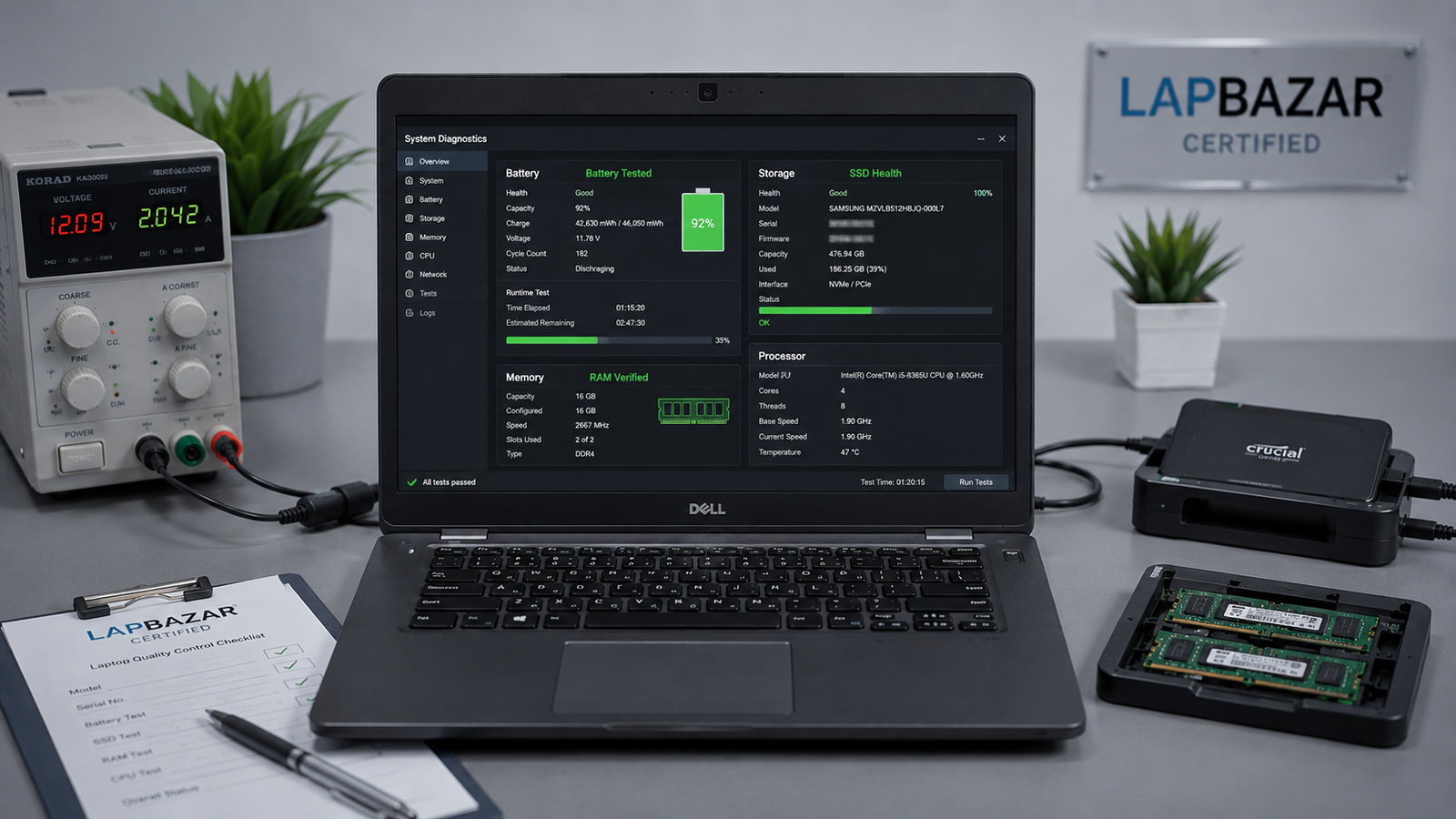 Laptop battery SSD RAM and processor diagnostic testing