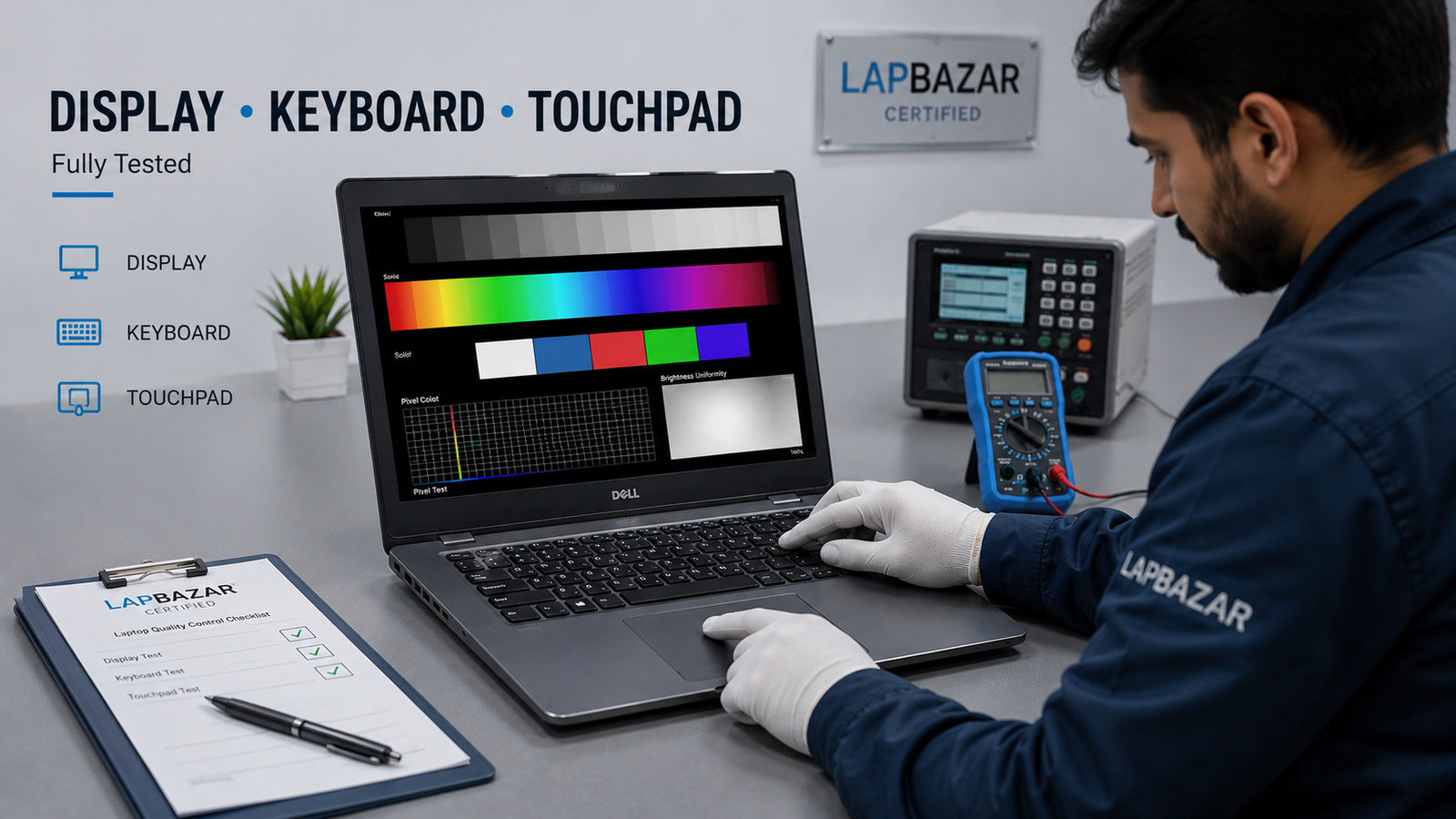 Laptop display keyboard and touchpad testing