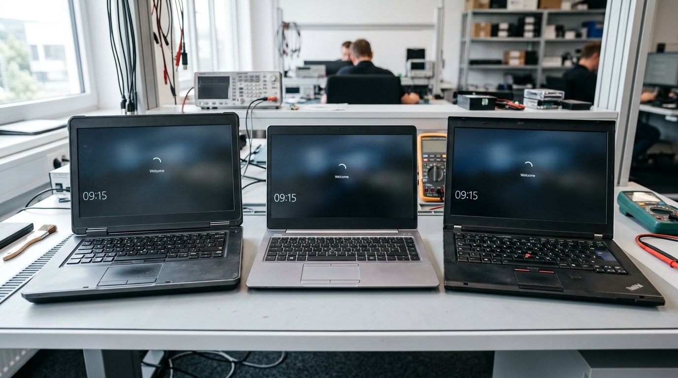 Business laptops from different brands arranged for inspection