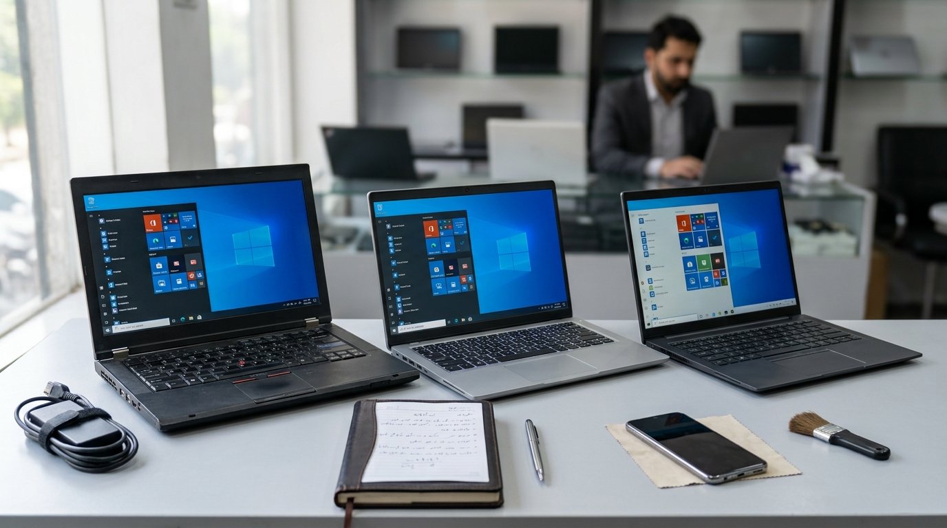 Business laptops being inspected and compared for used laptop value