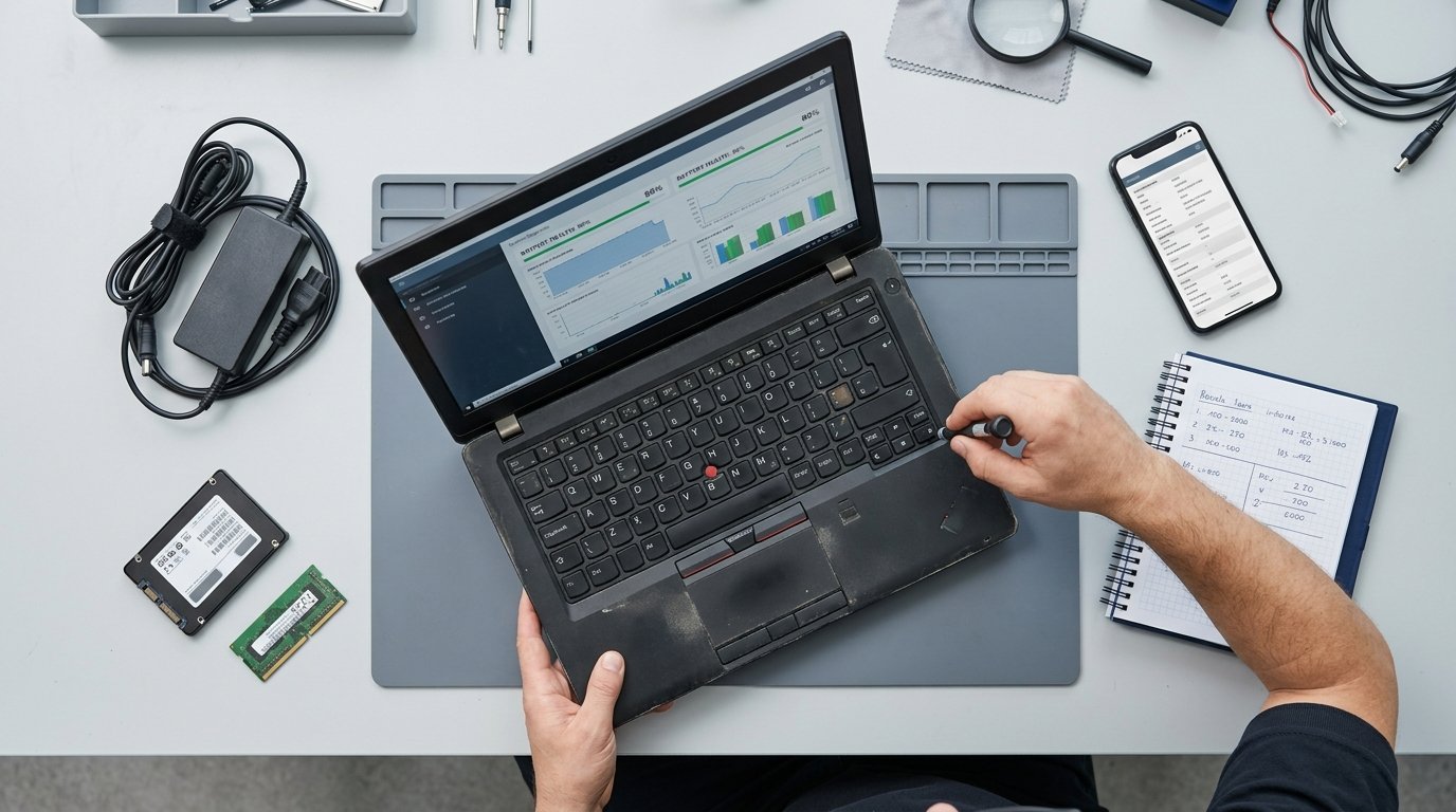 Technician evaluating a used laptop before purchase in Pakistan