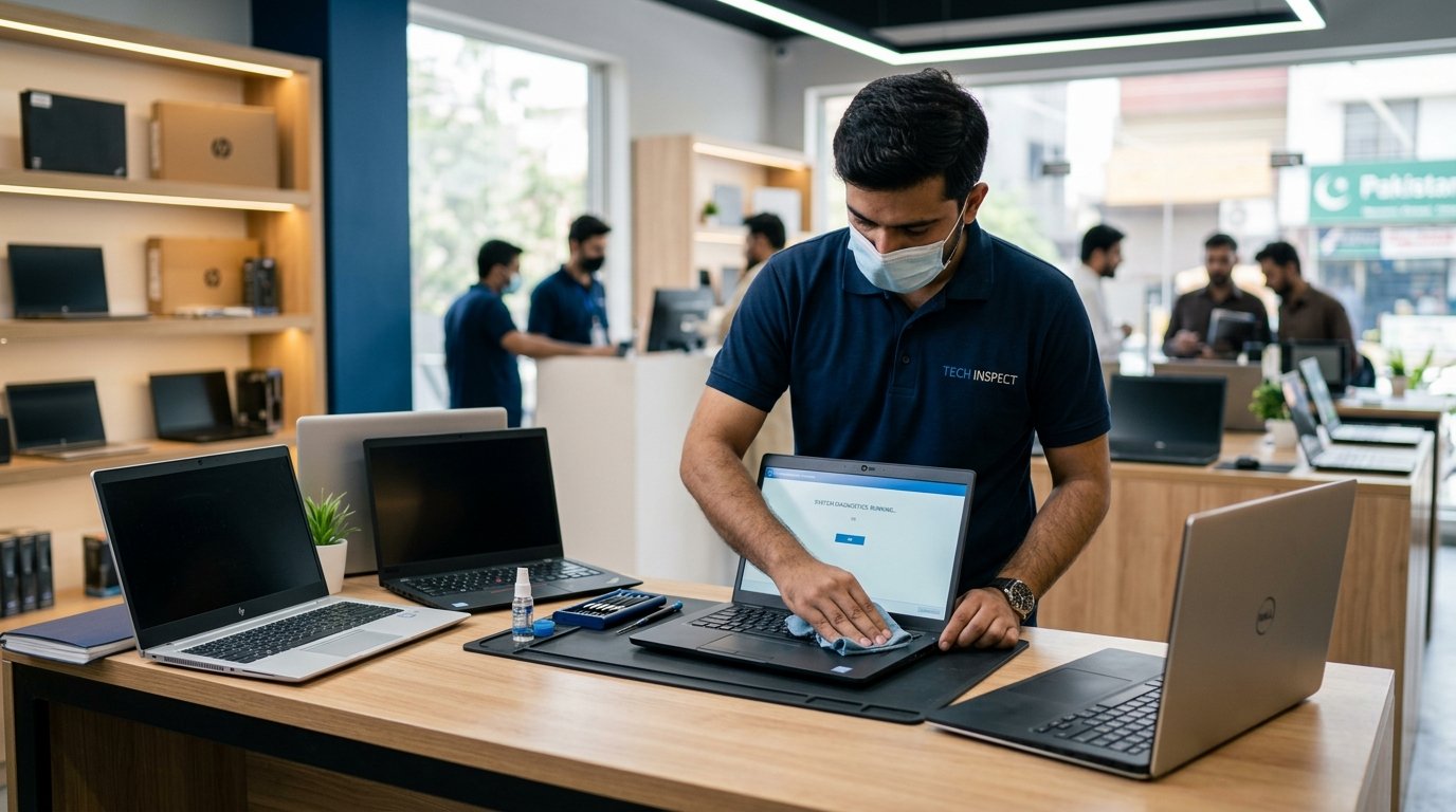 Technician inspecting a used laptop at a laptop shop in Pakistan