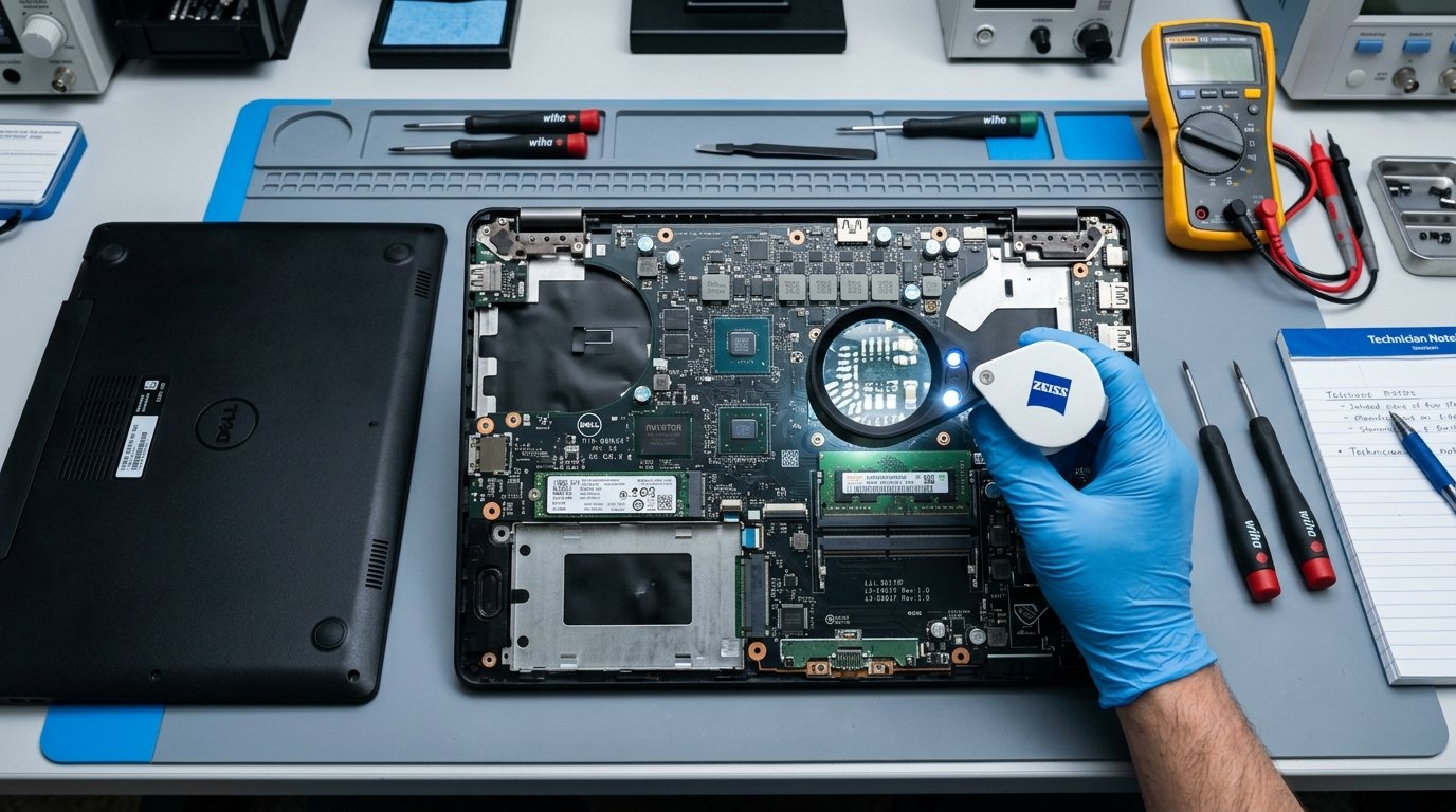 Technician evaluating a used laptop configuration and condition