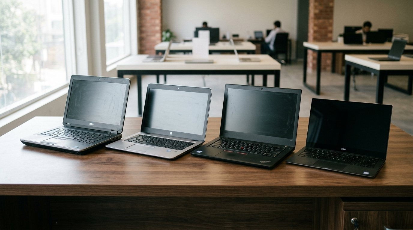 Used business laptops arranged for inspection and comparison